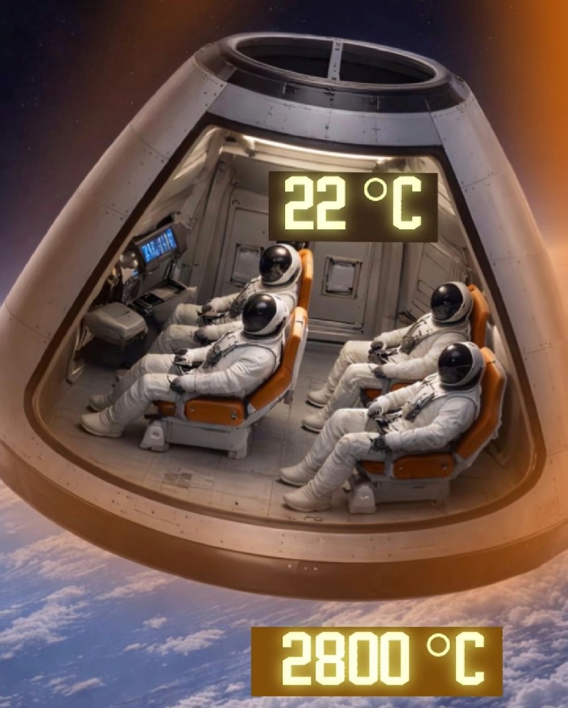 Imagem ilustrativa mostrando a diferença de temperatura entre o ambiente externo extremo e o interior da nave Orion.